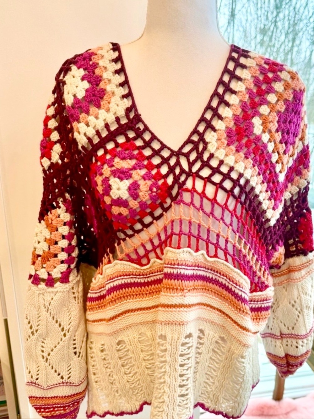 Free People NWT Crochet Balloon Sleeve Sweater Pink Orange Boho S